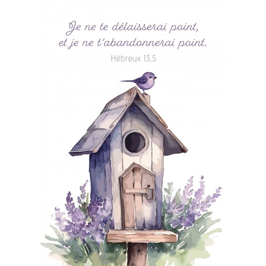 Carte Avec Verset Moineau posé sur une maison à oiseau