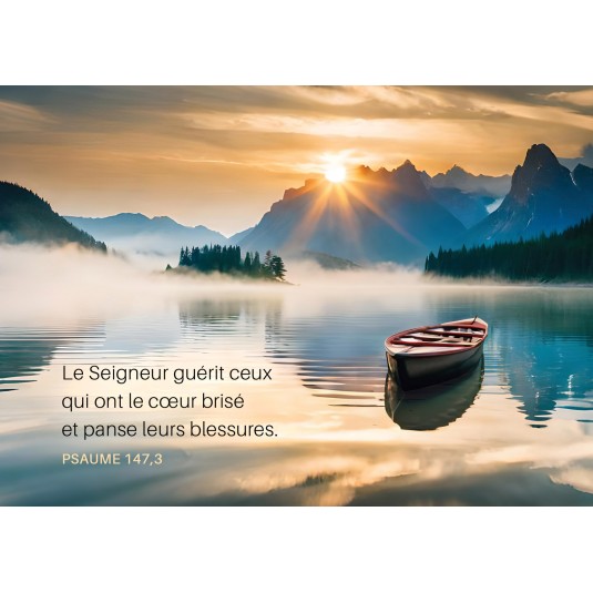 Carte Avec Verset Barque sur un lac au soleil couchant