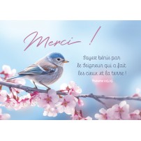 Carte Avec Verset Oiseau posé sur une branche d'arbre en fleurs