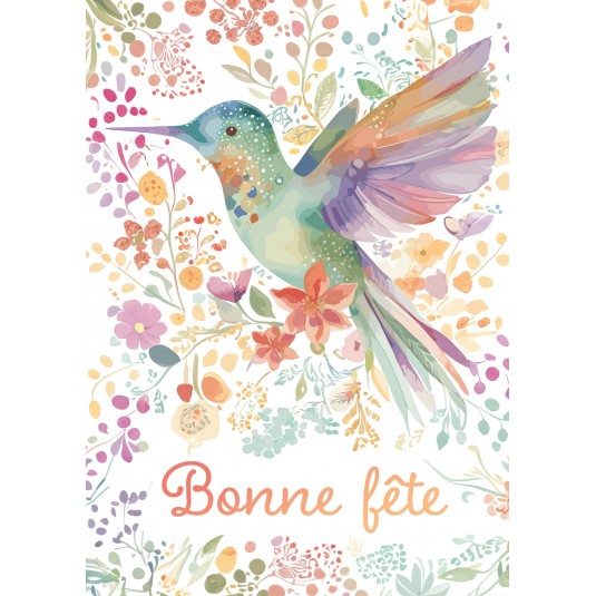 Carte Avec Message Colibri et fleurs en aquarelle