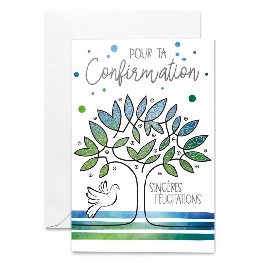 Carnet Confirmation Arbre feuilles vertes et bleues et colombe