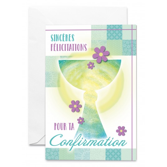 Carnet Confirmation Calice vert et jaune avec fleurs violettes