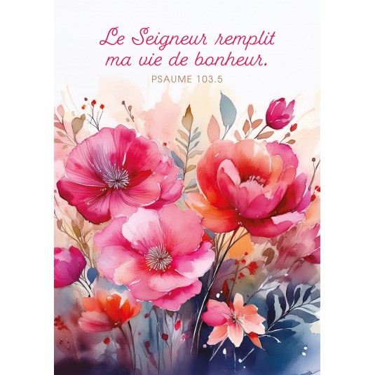 Carte avec verset Aquarelle de fleurs roses et rouges