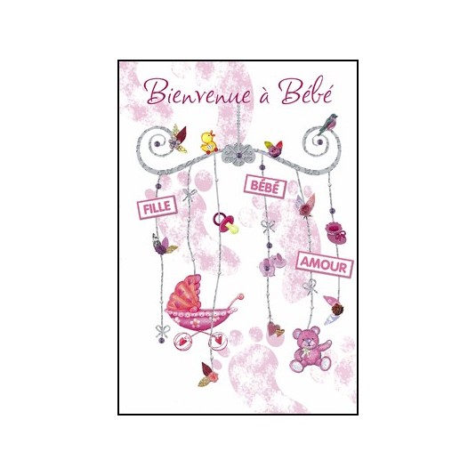 Carte Double Naissance Mobile avec sujets bébé rose