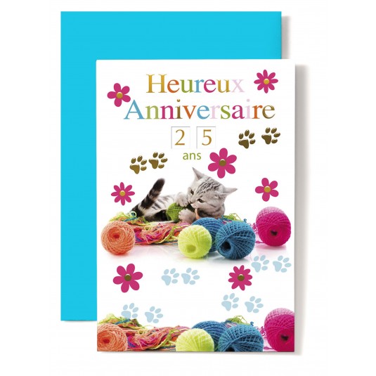 Carte Double Anniversaire Chat jouant avec pelotes de laine