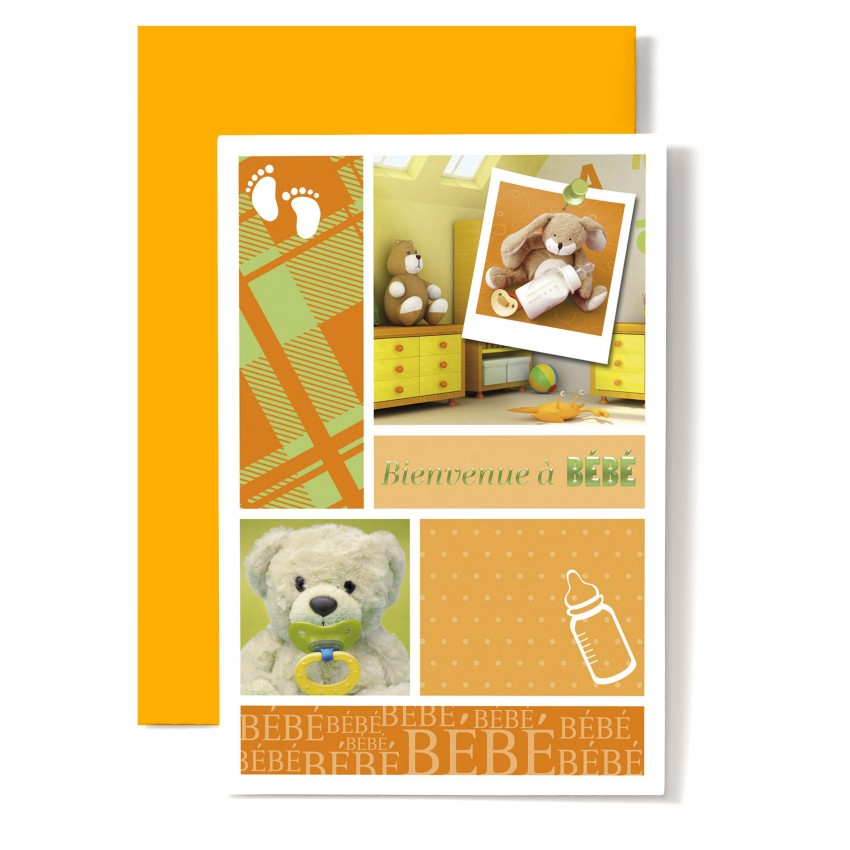 Carte Double Naissance Oursons Fond Orange