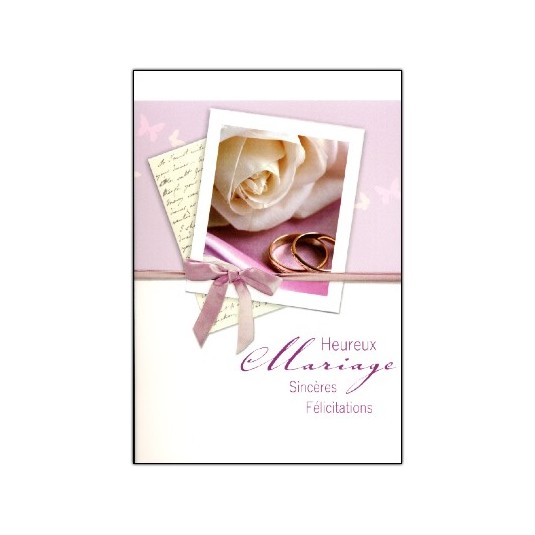 Carte Double Mariage Rose blanche et alliances