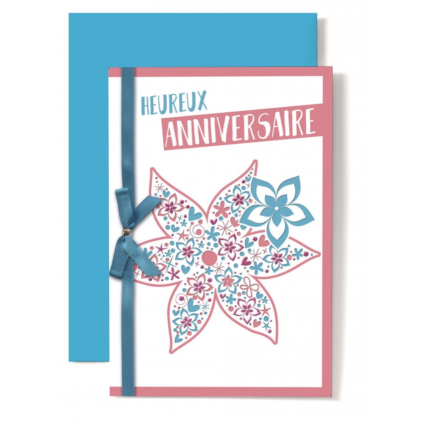 Carte Double Anniversaire Dessin Fleur Rose Et Bleu